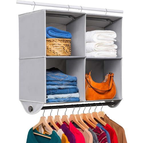 Hold N' Storage - 4 Shelf Hanging Closet Organizer with Black Metal Rod - Gray