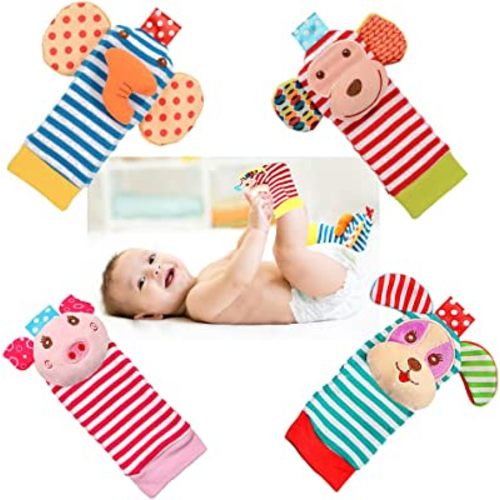 BLOOBLOOMAX Baby Infant Rattle Socks Toys, Sock rattles for Babies 0-24 Months Baby Animal Foot Finder Learning Toy (Cotton A)