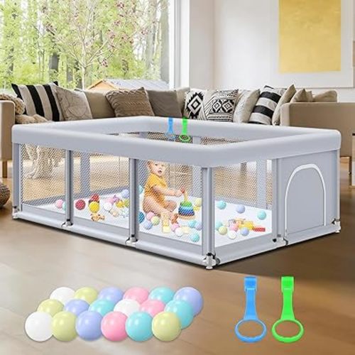 Fshibila 74" ×50" Large Baby Playpen, Baby Playard for Babies and Toddlers, PlayPen for Indoor & Outdoor, Sturdy Safety Play Yard with Soft Breathable Mesh, Anti-Fall, Ball x 18, Handle x 2, Grey