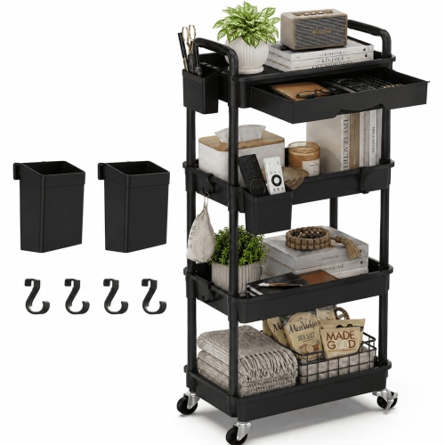 Yeabett, Utility Cart, 4-Tier Rolling Storage with Lockable Wheels