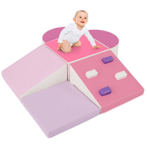 Redsmile Soft Play Climbing Set for Toddlers, 6-Piece Foam Climb and Crawl Set with Climbing Triangle and Ramp, Indoor Play Gym, Pink