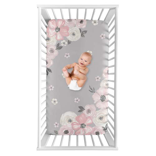 Sweet Jojo Designs Watercolor Floral Grey and Pink Photo Op Fitted Crib Sheet
