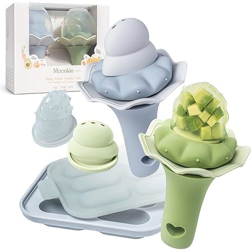 Moonkie Baby Fruit Feeder with Freezer Tray, BPA Free Silicone Food Feeder for Infant Self Feeding, Breastmilk Popsicle Molds, Mesh Feeder with Two Pouches, Baby Shower Gifts 4 Months+, 2 Pack