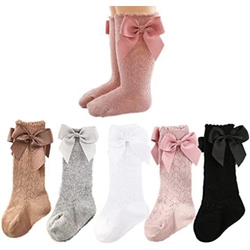Baby Girls Knee High Socks Toddler Bow Mesh Tube Socks 5 Pairs