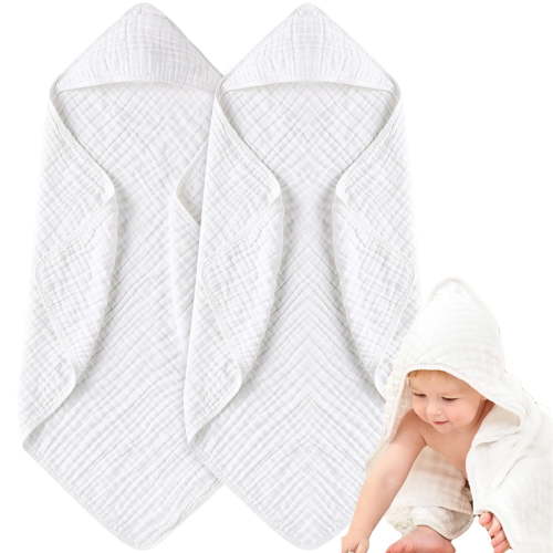 Dyues 2 Packs Hooded Baby Bath Towel for Newborn,Soft & Absorbent Muslin Cotton Baby Towels with Hood for Babies, Infant, Toddler & Kids,White+White,31 X 31''
