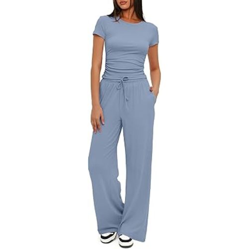 Darong Women's 2 Piece Summer Outfits Lounge Sets Side Ruched Short Sleeve Crop Top & Wide Leg Pants Matching Tracksuit