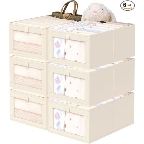Criusia 6 Pack Linen Closet Organizers and Storage, Large Linen Closet Baskets for Organization, Foldable Storage Containers for Clothing, Towels, Toys, Jeans, Books, Shelves, Beige