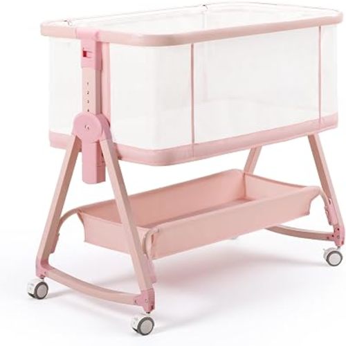 Baby Bedside Sleeper Bassinet, Bassinet Storage Basket and Wheels, Pink