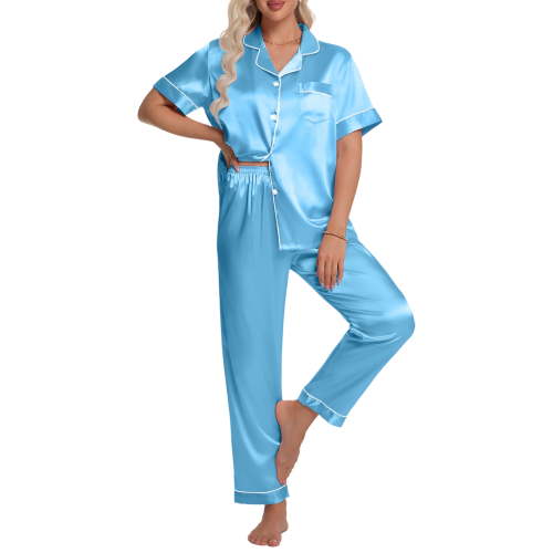 DAKIMOE Silk Satin Pajamas Set for Women Two-Piece Short Sleeve Shirt with Long Pajama Pant Set Soft Button Down Loungewear Nightwear Pjs Sleepwear for Women