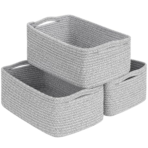 Goodpick 3-Pack Woven Storage Baskets for Closet,13 x 8 x 5 in | Woven Baskets for Closet Fit Bedroom Lving Room, Large Baskets for Gift Empty, Dog Toy Basket for Pets, White & Gray