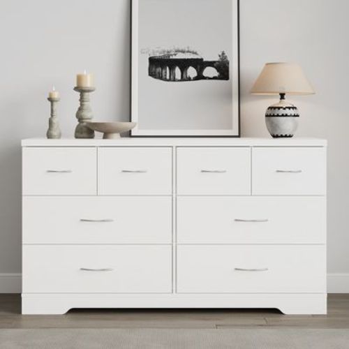 Heynemo Large 8 Drawer Dresser for Bedroom, 55" Wide Modern Chest of Drawers, Dresser TV Stand with Metal Handle, Wood Drawer Organizer, White