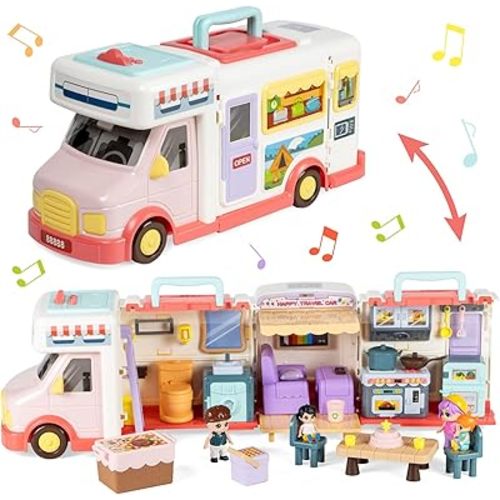 Marstone Doll House Toys for Girls 3 4 5 6 7 8+ Year Old, Transformable Dream Camper House with Little People, Pretend Play RV Set Dollhouse Inertia Vehicle with Sound and Music for Birthday Gifts 3+