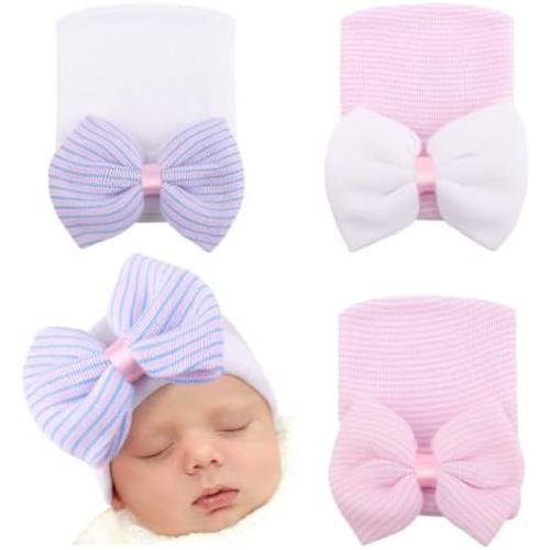 AQOKKA Cotton Newborn Baby Girl Hats with Bow 0-3 Months