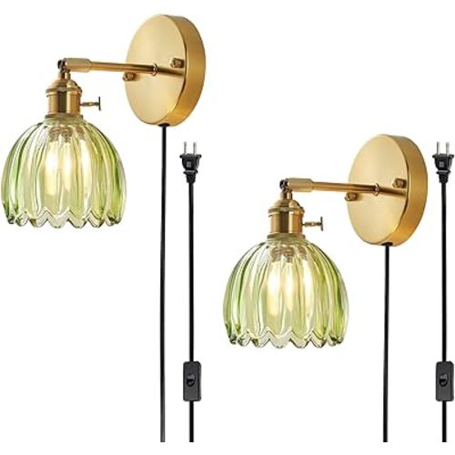 Plug in and Hardwired Wall Sconces, Luxury Vintage Tulip Crystal Glass Shade Wall Light with Switch for Bedside Bedroom Living Room (Tulip-Green, 2)