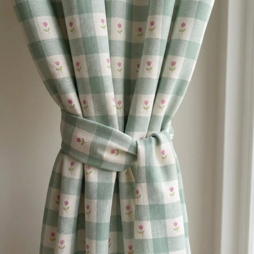 Green Gingham Floral Curtains | Cottagecore Window Panels | Vintage Check Drapes | Custom Farmhouse Curtains