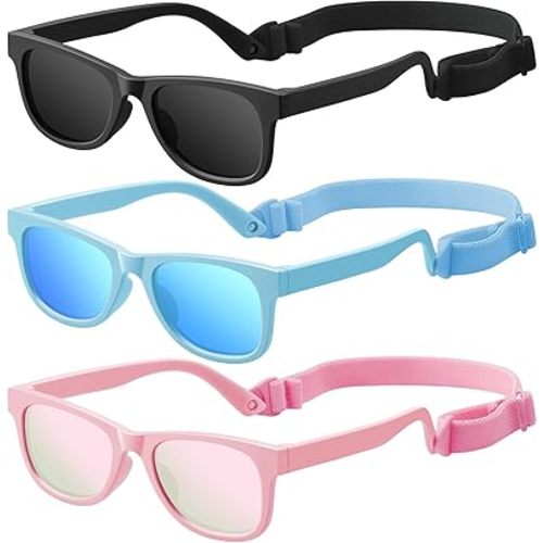 Baby Infant & Toddler Sunglasses with Strap, UV400 Protection for Boys & Girls 0-24 Months, 3 Pack