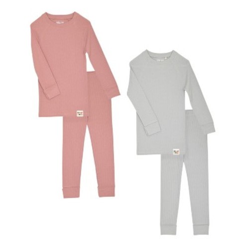 Sleep On It 100% Organic Cotton Rib Knit Snug-Fit 4-Piece and 6-Piece Pajama Sets for Boys & Girls, Color: 4-piece pink/grey, Size: 18m
