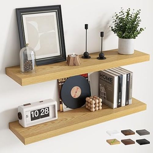 36 Inch Floating Shelves for Wall Set of 2, 8"D Wood Grain Bathroom Shelves with Invisible Brackets, Easy Install Engineered Wood Storage Shelves for Kitchen, Living Room, Bedroom, Oak Finish