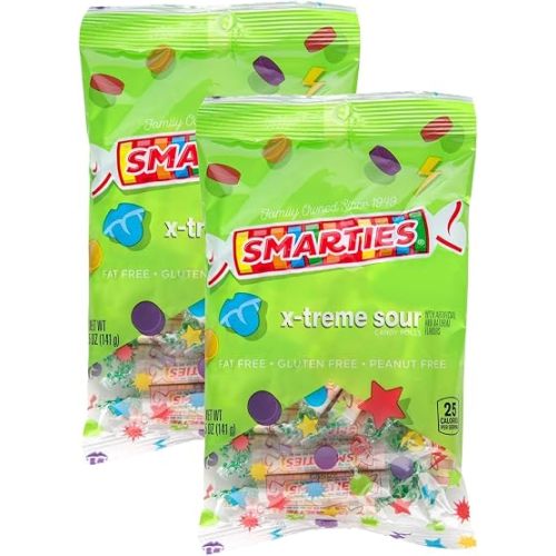 Smarties X-treme Sour Candies, Gluten-Free, Peanut-Free, Dairy-Free Extra, Perfect for Parties, Candy Mixes & Halloween, Made by US Company Since 1949, 5 oz Bag, 2-Pack