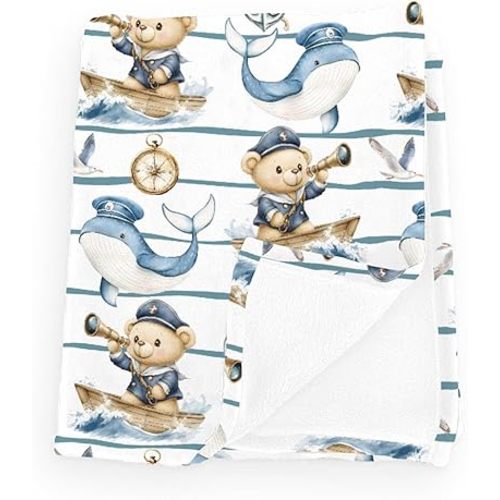 Cute Nautical Life Sailor Bears Whales Baby Boy Girl Blue Ship Anchors Compass Blankets Sea Ocean Flannel Blanket Fluffy Blanket for Baby Soft Cozy Toddler Blanket for Crib Stroller