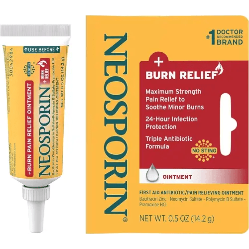 Neosporin Dual Action Burn Relief & First-Aid Antibiotic Ointment for 24-Hour Infection Protection & Maximum Strength Burn Pain Relief, Made with Bacitracin Zinc, Neomycin, & Pramoxine HCl,.5 oz