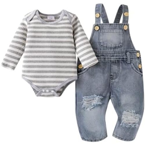 Baby Boy Clothes Newborn Suspender Overalls Ripped Jeans Long Sleeve Striped Romper Fall Winter Outfits 0-18 Months