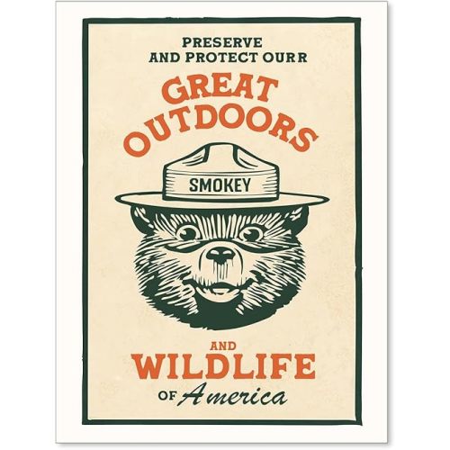 Cute Kids Bear Wall Art Nature Conservation Wildlife Animal Poster Retro Beige Cabin Canvas Prints for Outdoorsy Camping Wall Decor 12x16 inch Unframed