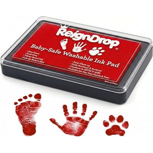 ReignDrop Baby Ink Pad for Hand and Footprints, Non-Toxic Acid-Free Keepsake Kit, Smudge-Proof Archival Ink Wipes Off Skin, for Scrapbook, Photo Album, Frames & Pet Paws, Baby Gift (Red)