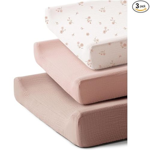 3 Pack Muslin Changing Pad Covers for Girl, Boy, 100% Soft Cotton Changing Table Cover, Breathable Baby Nursery Diaper Change Pad Fitted Sheets (Daisy Petal)