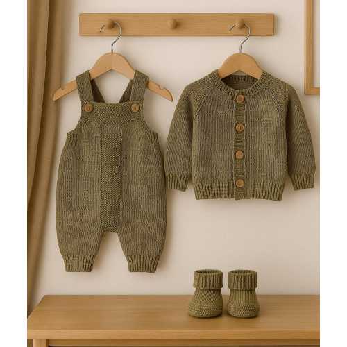 Organic Knit Baby Outfit: Khaki Cardigan, Romper & Booties