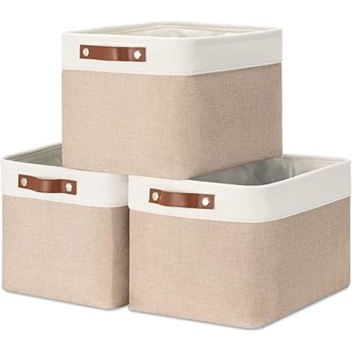 HNZIGE Fabric Storage Baskets for Shelves, Large Collapsible Storage Baskets for Organizing, Decorative Baskets Bins Set with Handles for Closet, Clothes,Home (3 Pack, White&Khaki,15" x 11" x 9.5")