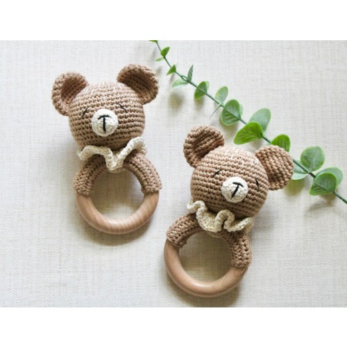 Handmade Crochet Bear Rattle: Organic Cotton Teething Toy