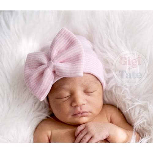 Newborn Girl Hospital Hat with Pink Bow, Handmade