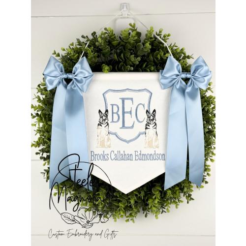 German Shepherd Embroidered Baby Banner Boy Nursery Decor Personalized Baby Name Sign Custom Name Bespoke Keepsake Dog Baby Shower Gift