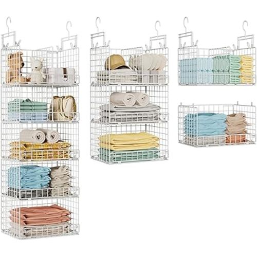 VyGrow 5 Tier Hanging Closet Organizer with Adjustable Dividers, Heavy-Duty Storage Shelves for Clothing, Kitchen, Laundry Room, Extra Large Baskets, 15.7" W x 11.8" D x 51" H, White