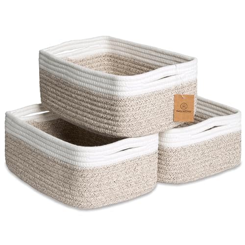 NaturalCozy 11.8"x8"x4.5” Storage Baskets for Shelves 3 Pack | Cotton Rope Woven Small Baskets for Organizing | Small Storage Bins for Nursery, Bathroom, Closet, Cube Shelf, Decorative, Gift Basket