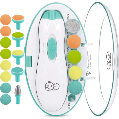 Royal Angels Upgraded 21 in 1 Baby Nail Trimmer with Labeled Case, 13 Extra Replacement Pads, Safe Electric Baby Nail File Kit for Newborn & Toddler, Whisper Quiet Nail Clipper with LED Light (Green)