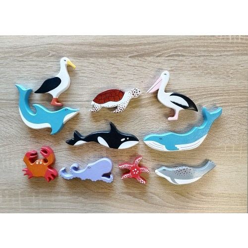 Wooden Sea Animal Toy Set (10pcs): Handmade Beechwood Waldorf Toys