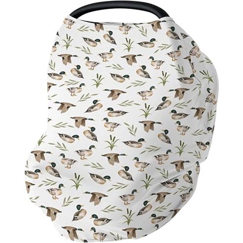 Mallard Duck Hunting Car Seat Cover for Babies Wild Ducks Leaves Stretchy 5-in-1 Cover Adjustable Infant Carseat Canopy Cover Retro Hunting Animals Breathable Nursing Cover-Up