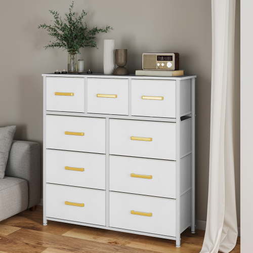 Dextrus 9-Drawer Fabric Dresser, Storage Organizer with Steel Frame, Wooden Top & Easy-Pull Fabric Bins