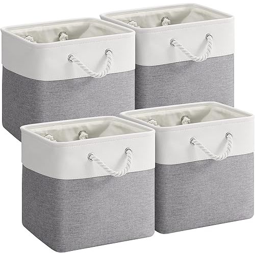 12 x 12 Inch Cube Storage Bins,4 Pack Fabric Storage Basket with Handles,Foldable Boxes Organizer for Shelf Baskets for Home,Clothes,Toys (White/Grey)