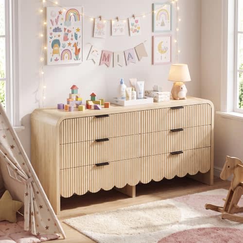 59" Scalloped Dresser for Nursery,Fluted 6 Drawer Wide Chest of Drawers, Large Boho Dresser for Bedroom Kids and Girls