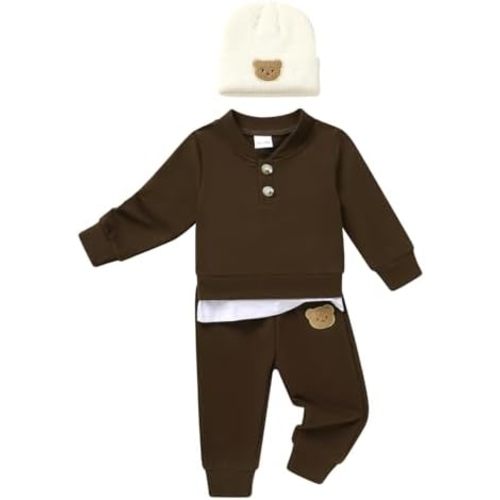 YOUNGER TREE Toddler Fall Outfits Baby Boy Sweatshirt Top Sweatpants Set Cute Sweatsuit for Boy Winter Clothes with Hat