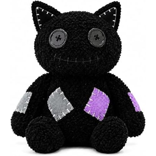 Halloween Gothic Stitched Black Cat Plush, Spooky Patchwork Kitten Decor for Halloween Party(Black)