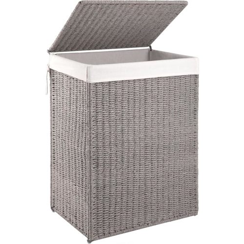 OIAHOMY Laundry Hamper with Lid, 90L(23.8 Gal) Large Wicker Laundry Basket for Bedroom, Handwoven Paper Rope Clothes Hamper with Washable Liner & Metal Frame, Decorative Organizer for Bathroom Brown