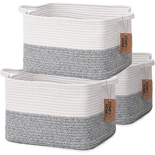 COMFY-HOMI 3-Pack Cotton Rope Woven Rectangular Basket with Handles for Organizing, 13.5" x 11" x 9.5", White/Grey