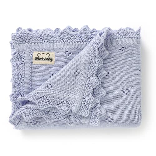 mimixiong Cotton Baby Blanket Knitted Crochet Receiving Crib | Nursery Swaddling Blankets for Newborn Baby Boy Girl Smoke Blue 30x40 Inch