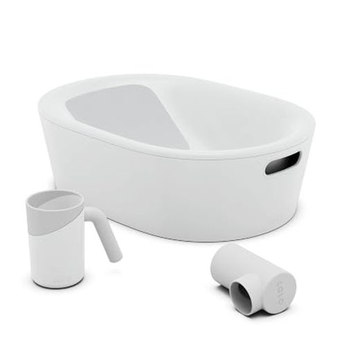 Lalo Bathtime Starter Kit - 3-Piece Set Includes Modern Baby Bathtub, Rinse Cup & Spout Cover - Safe, Easy to Clean Design for Newborns - 25.3 x 18 x 7.7 in, 10 lb - Coconut