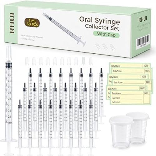 30 Set Colostrum Syringes Kit with Labels 1mL Colostrum Collector Freezer Safe Sterile Syringes with Cap, BPA-Free, Measuring Cup, Storage Bag