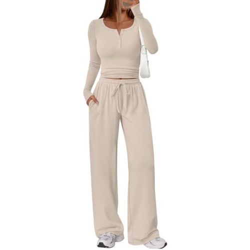 Trendy Queen Women's 2 Piece Matching Lounge Sets Long Sleeve Henley Neck Slightly Crop Top Wide Leg Pants Casual Sweat Suit